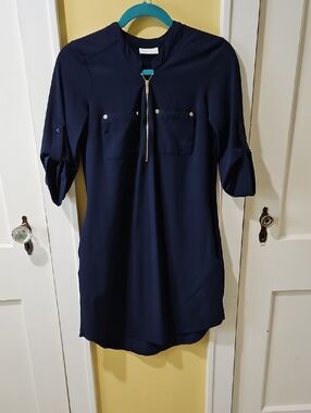 New York & Company Navy Zip-Front Shirt Dress